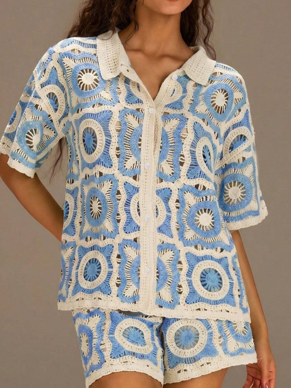 Baby Blue Casual Women's Knitted Short Sleeve Top & Shorts Set - Picture 4 of 6